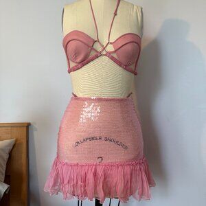 NENSI DOJAKA Pink Sequin Glitter Embellished Skirt and Halter Bra Set Size 0/XXS